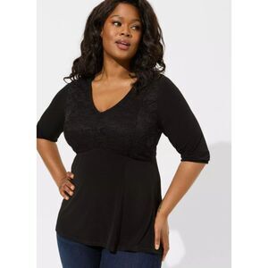 Torrid Babydoll Top 3X Women's Black Studio Knit Lace V-Neck 3/4 Sleeve Stretchy